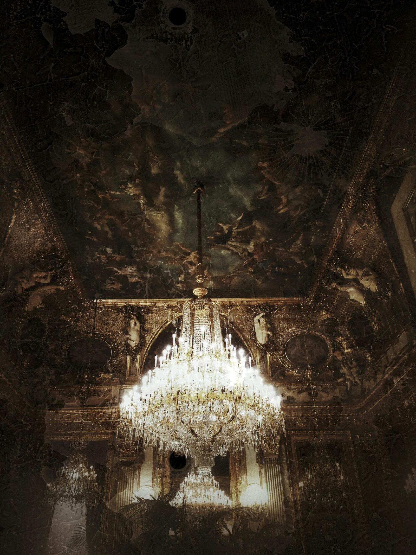 Opulent chandelier illuminating a richly decorated Parisian palace interior ceiling.